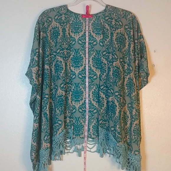 Emma's Closet Shawl Kimono Wrap teal tan print intricate chandelier fringe - Picture 10 of 13